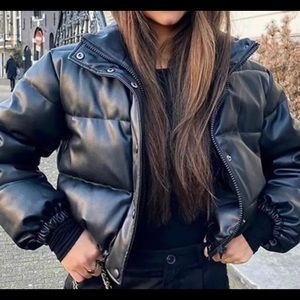 Black leather puffer jacket